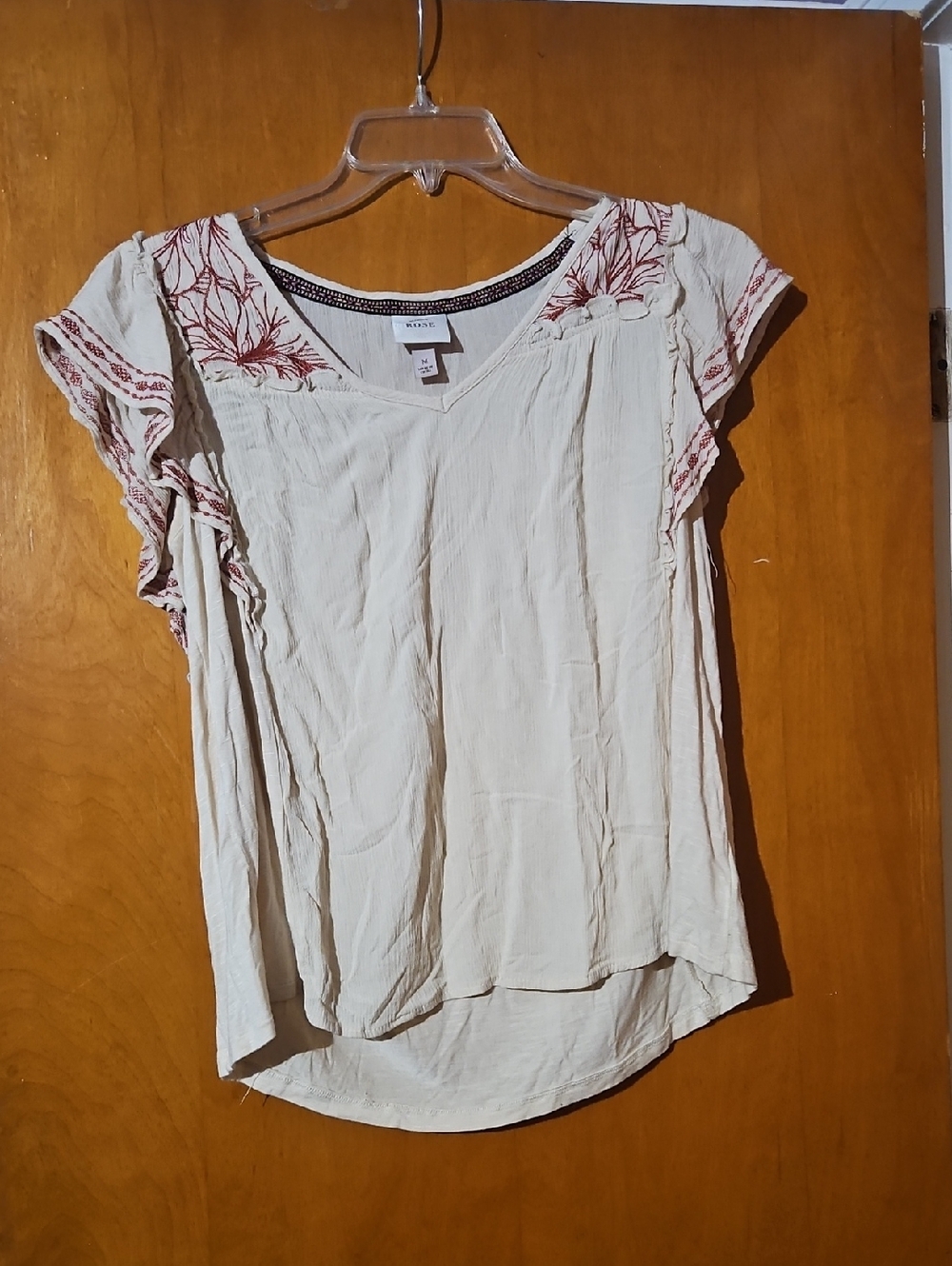 Knox Rose Cream V-Neck Flutter Sleeve Top with Red Embroidery